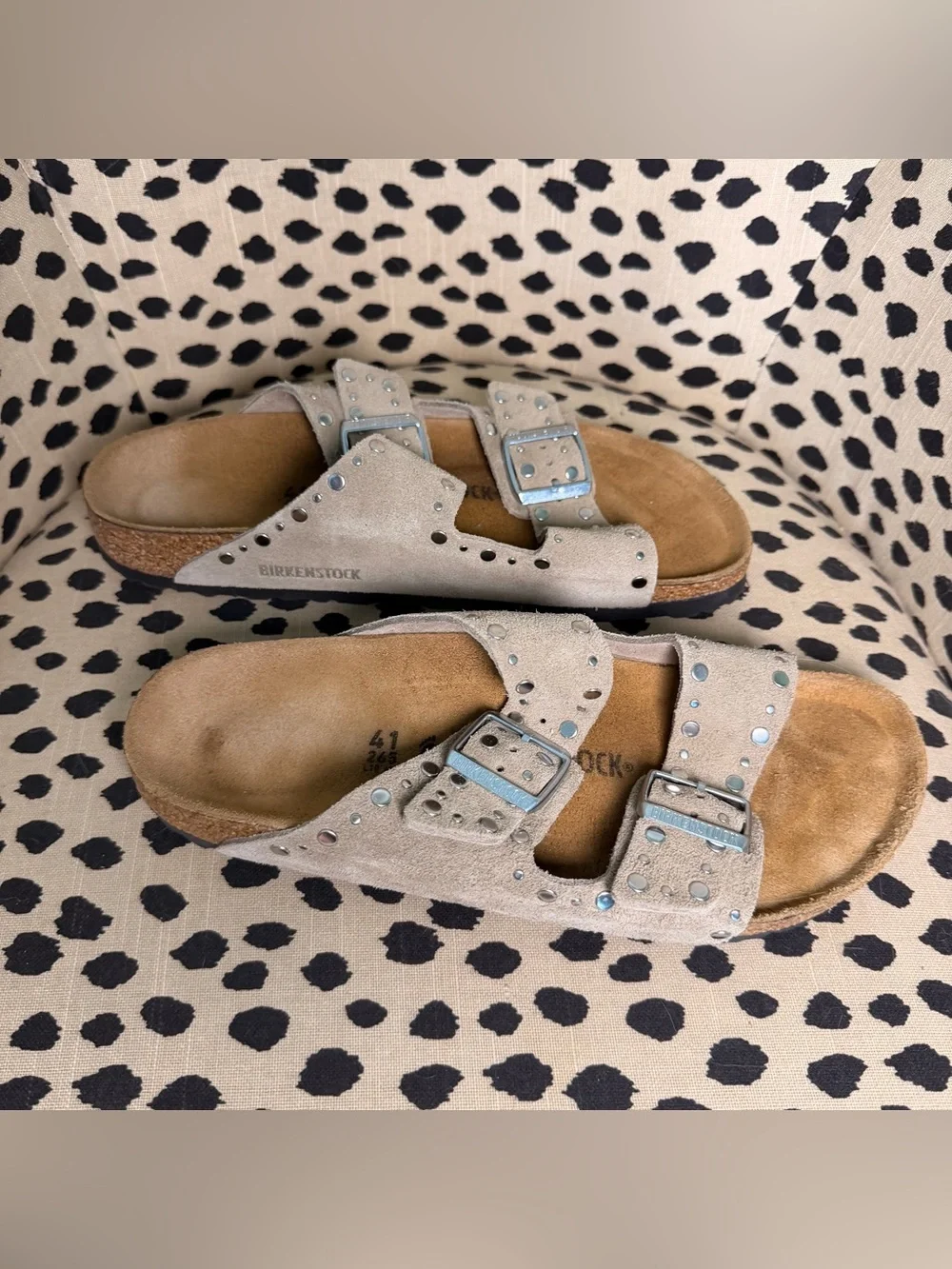 Birkenstock Arizona Rivets Suede Double-Buckle Sandals in Light Taupe with Studs